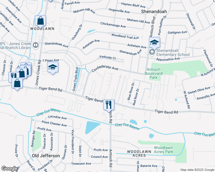 map of restaurants, bars, coffee shops, grocery stores, and more near 15995 Tiger Bend Road in Baton Rouge
