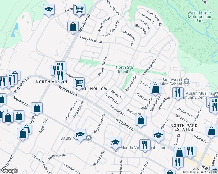 map of restaurants, bars, coffee shops, grocery stores, and more near 11510 Bittern Hollow in Austin