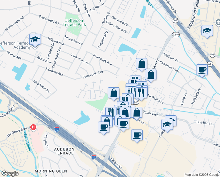 map of restaurants, bars, coffee shops, grocery stores, and more near 10808 Industriplex Boulevard in Baton Rouge