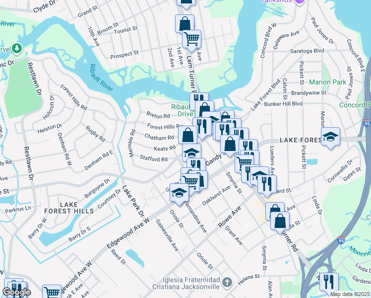 map of restaurants, bars, coffee shops, grocery stores, and more near 1525 Palmdale Street in Jacksonville