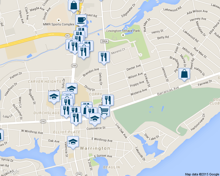 map of restaurants, bars, coffee shops, grocery stores, and more near 1114 South Old Corry Field Road in Pensacola