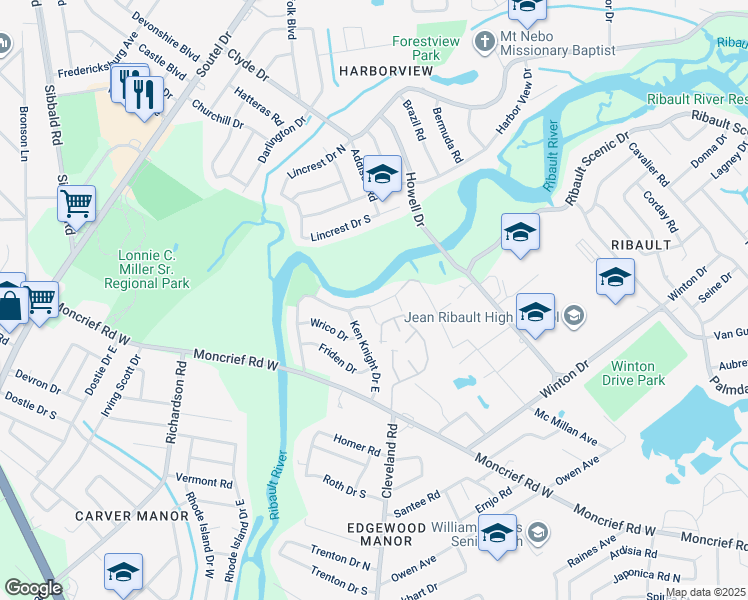 map of restaurants, bars, coffee shops, grocery stores, and more near 4603 Ken Knight Drive North in Jacksonville