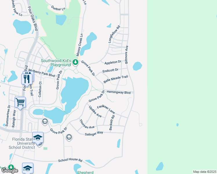 map of restaurants, bars, coffee shops, grocery stores, and more near 4600 Grove Park Drive in Tallahassee