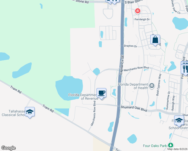 map of restaurants, bars, coffee shops, grocery stores, and more near 0 Merchants Row Boulevard Ste in Tallahassee