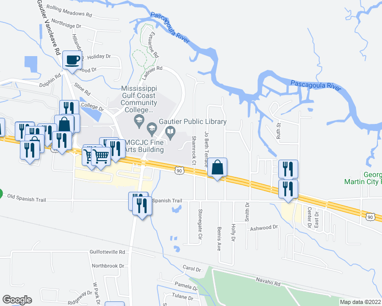 map of restaurants, bars, coffee shops, grocery stores, and more near 2012 U.S. 90 in Gautier