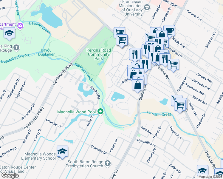 map of restaurants, bars, coffee shops, grocery stores, and more near 1423 Lake Calais Court in Baton Rouge