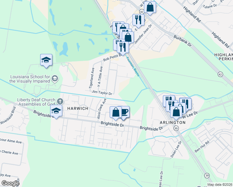 map of restaurants, bars, coffee shops, grocery stores, and more near 4759 Earl Gros Avenue in Baton Rouge