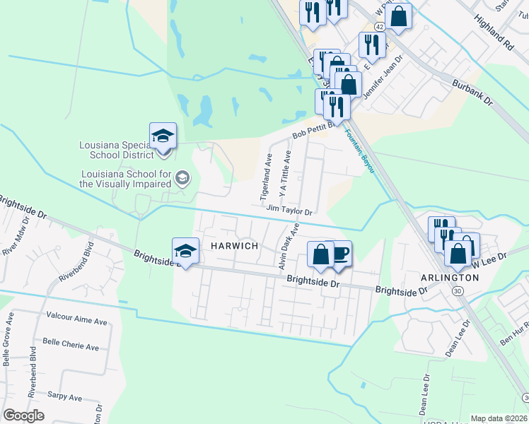 map of restaurants, bars, coffee shops, grocery stores, and more near 1443 Jim Taylor Drive in Baton Rouge