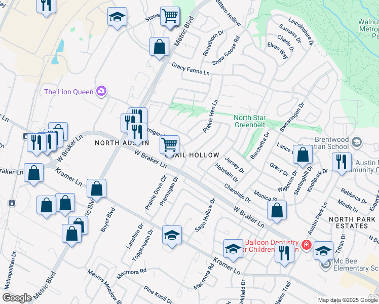 map of restaurants, bars, coffee shops, grocery stores, and more near 11409 Ptarmigan Drive in Austin