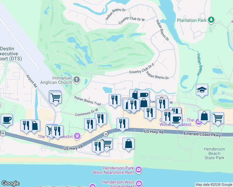 map of restaurants, bars, coffee shops, grocery stores, and more near 4100 Drifting Sand Trail in Destin