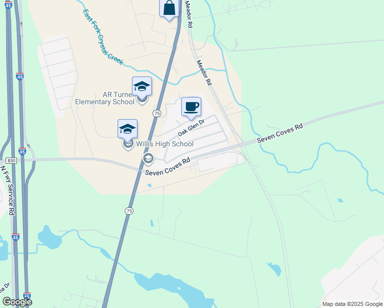 map of restaurants, bars, coffee shops, grocery stores, and more near 975 Oak Falls Drive in Willis