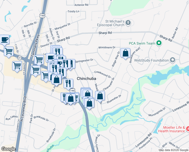 map of restaurants, bars, coffee shops, grocery stores, and more near 7134 Meadowbrook Drive in Mandeville