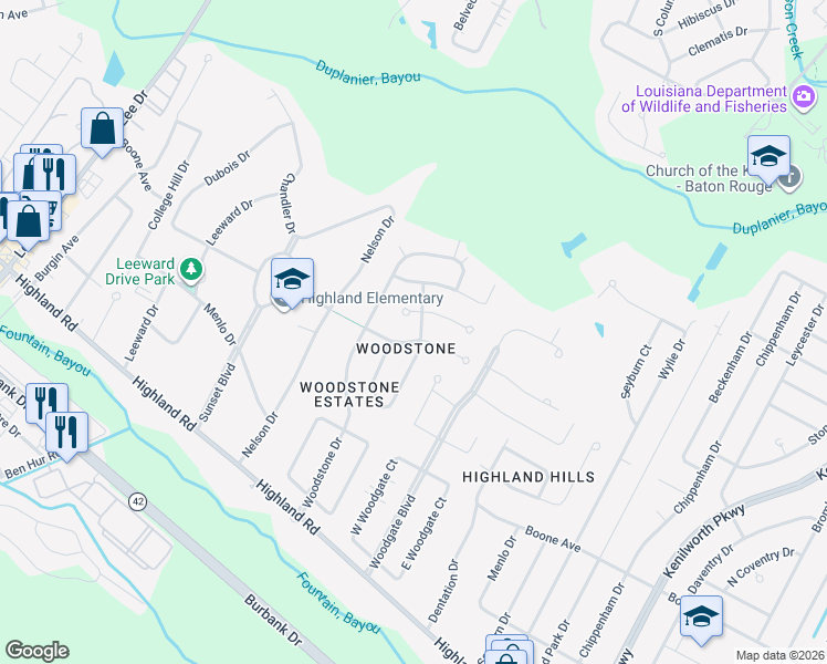 map of restaurants, bars, coffee shops, grocery stores, and more near 6419 Boone Avenue in Baton Rouge