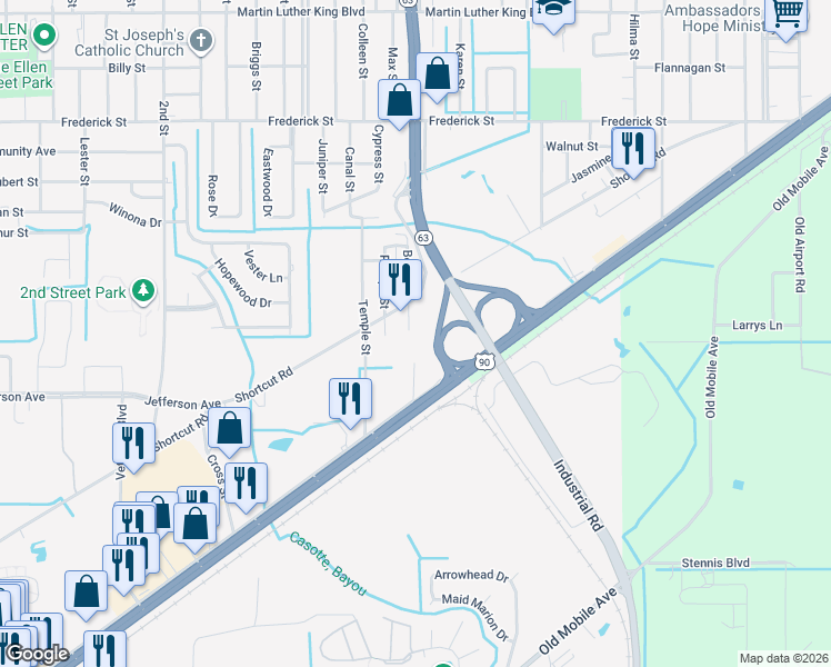 map of restaurants, bars, coffee shops, grocery stores, and more near 3500 Boone Street in Moss Point