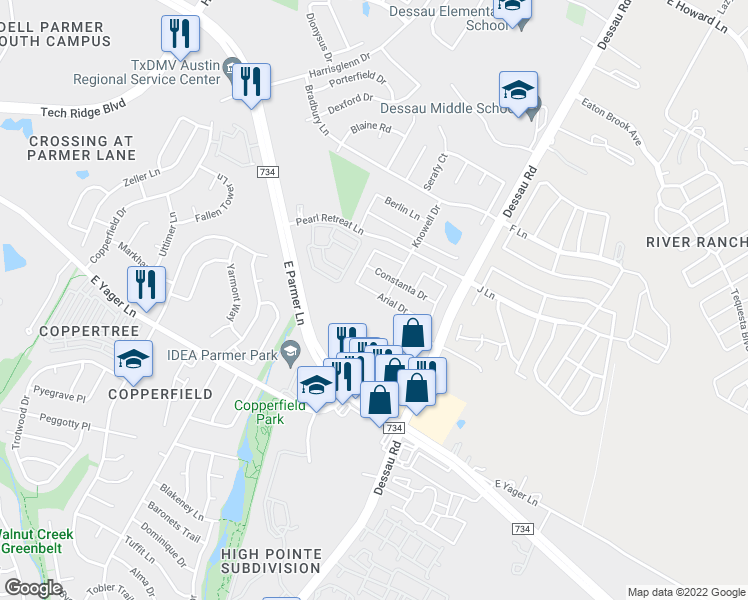 map of restaurants, bars, coffee shops, grocery stores, and more near 1525 Arial Drive in Austin