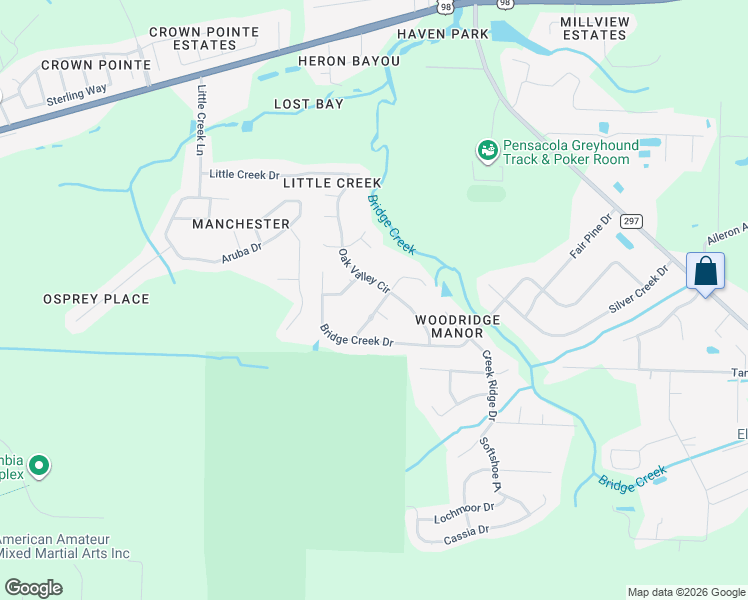 map of restaurants, bars, coffee shops, grocery stores, and more near 1309 Bridge Creek Terrace in Pensacola