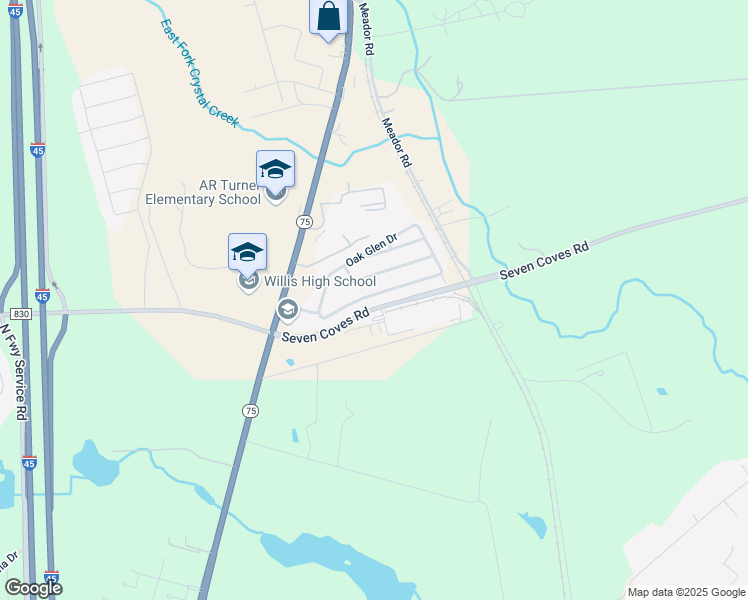 map of restaurants, bars, coffee shops, grocery stores, and more near 979 Oak Falls Drive in Willis