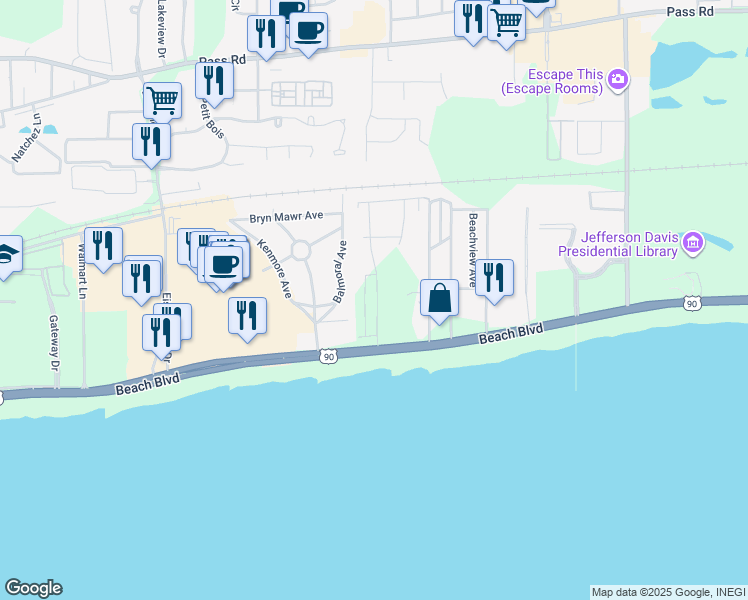 map of restaurants, bars, coffee shops, grocery stores, and more near 151 Grande View Drive in Biloxi
