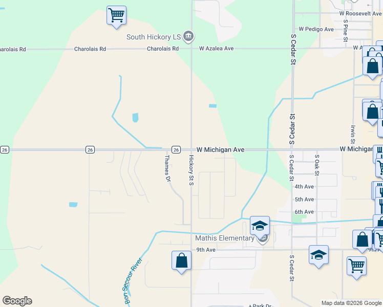 map of restaurants, bars, coffee shops, grocery stores, and more near 7204 South Hickory Street in Foley