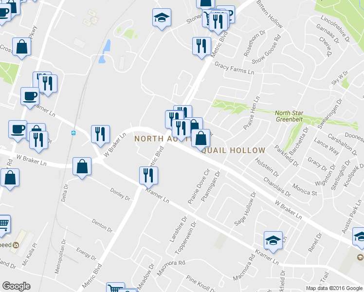 map of restaurants, bars, coffee shops, grocery stores, and more near 1920 W Braker Ln in Austin