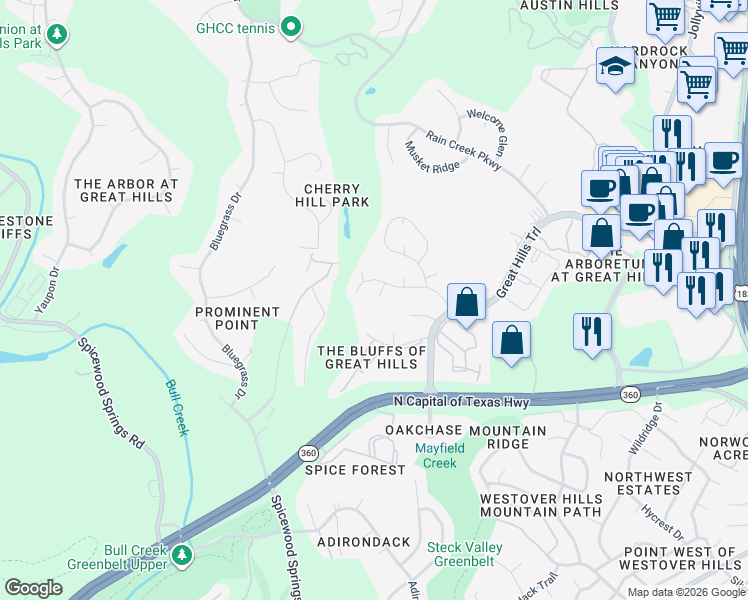 map of restaurants, bars, coffee shops, grocery stores, and more near 9100 Country Canyon Cove in Austin