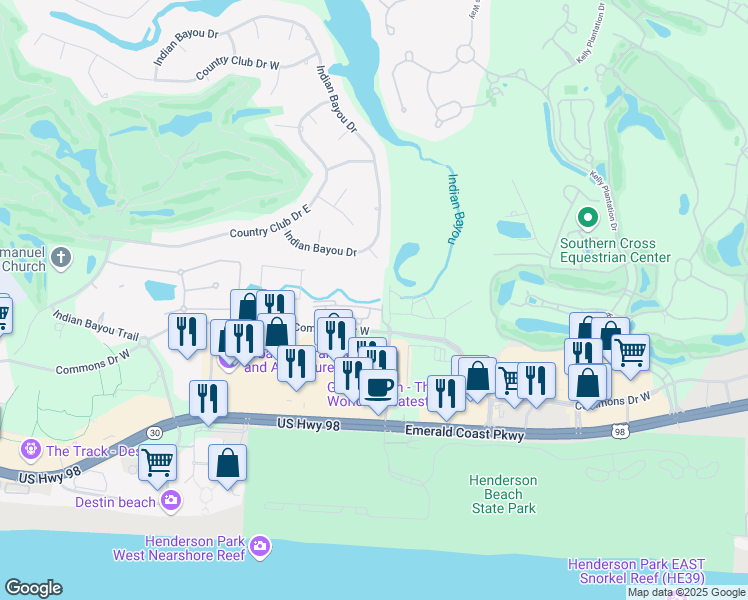 map of restaurants, bars, coffee shops, grocery stores, and more near 4131 Commons Drive West in Destin