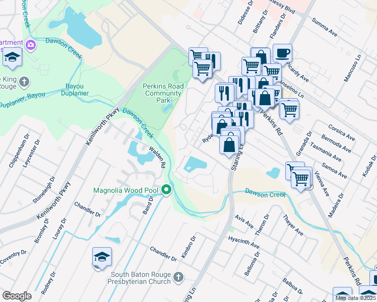 map of restaurants, bars, coffee shops, grocery stores, and more near 1423 Lake Calais Court in Baton Rouge