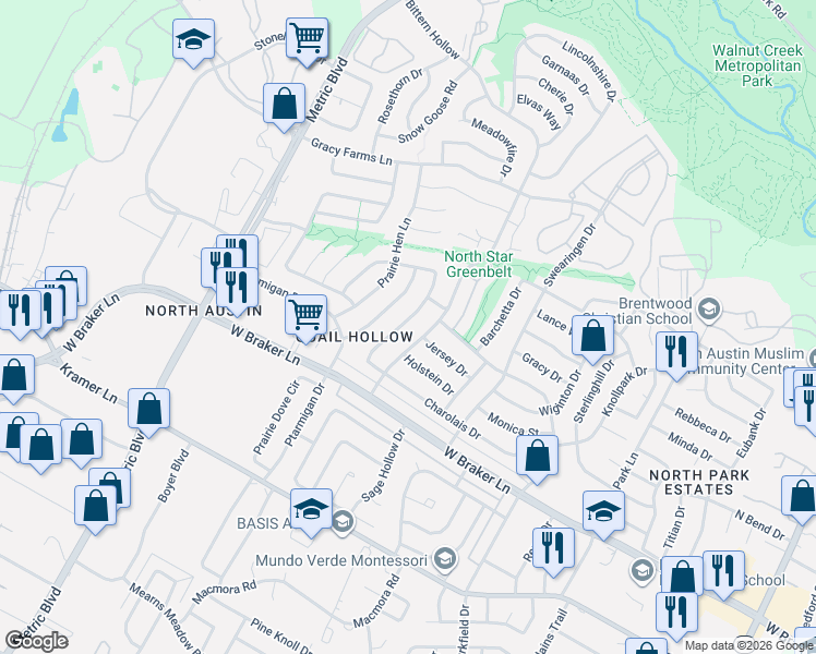 map of restaurants, bars, coffee shops, grocery stores, and more near 11510 Bittern Hollow in Austin