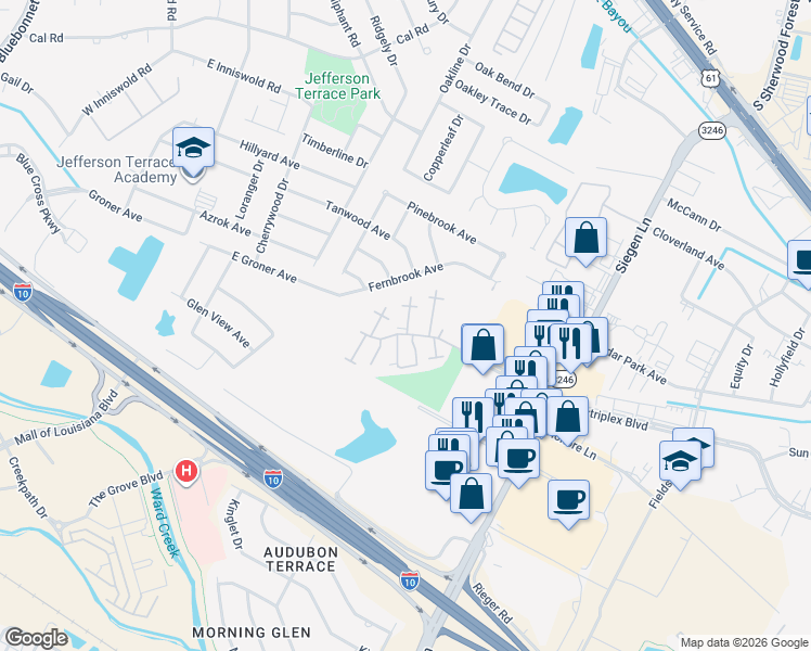 map of restaurants, bars, coffee shops, grocery stores, and more near 6630 Siegen Lane in Baton Rouge