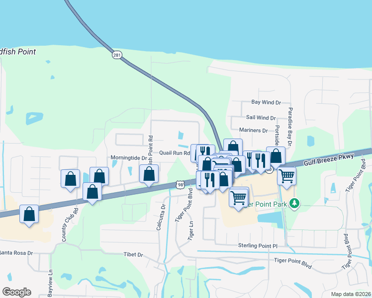 map of restaurants, bars, coffee shops, grocery stores, and more near 3672 Quail Run Road in Gulf Breeze