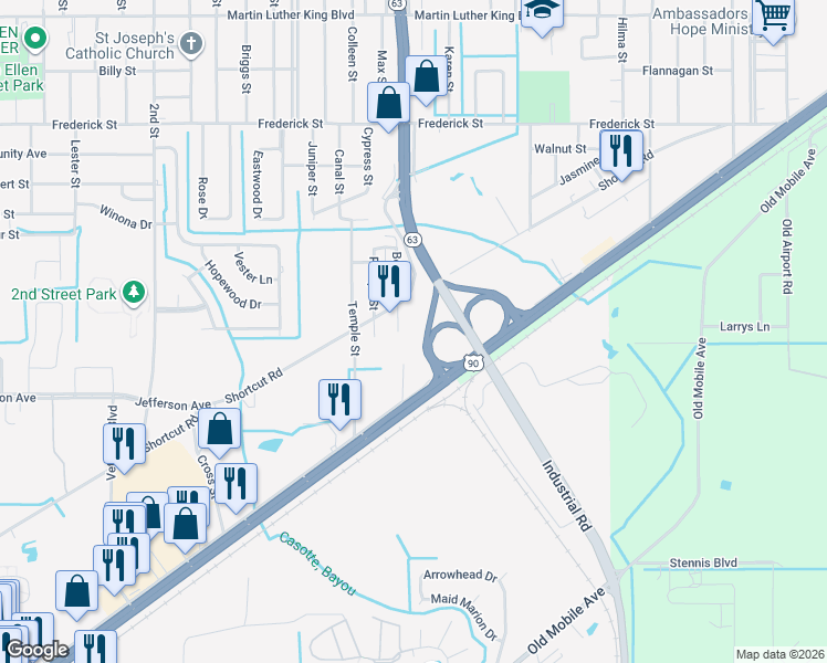 map of restaurants, bars, coffee shops, grocery stores, and more near 3500 Boone Street in Moss Point