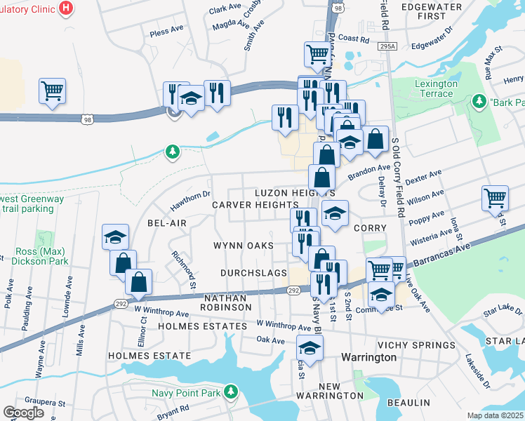 map of restaurants, bars, coffee shops, grocery stores, and more near 6 East Carver Drive in Pensacola