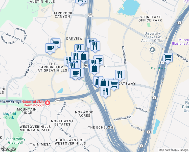 map of restaurants, bars, coffee shops, grocery stores, and more near 10001 Research Boulevard in Austin