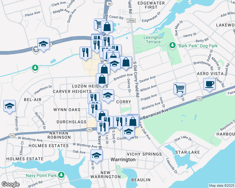 map of restaurants, bars, coffee shops, grocery stores, and more near 55 Druid Drive in Pensacola