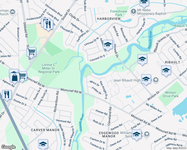 map of restaurants, bars, coffee shops, grocery stores, and more near 4644 Ken Knight Drive North in Jacksonville