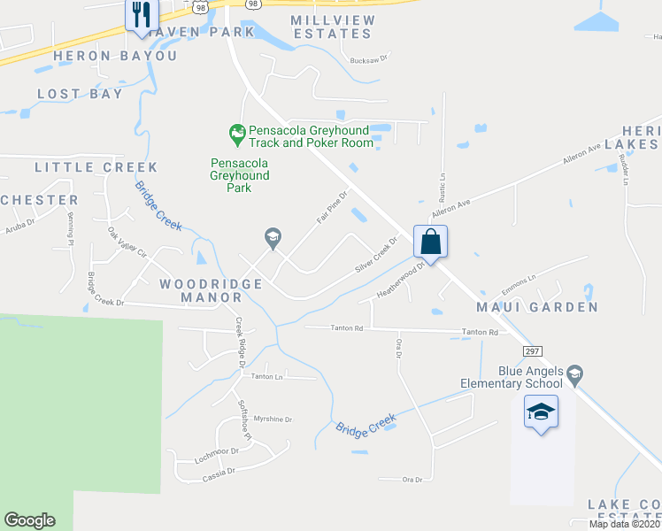 map of restaurants, bars, coffee shops, grocery stores, and more near 10643 Bridge Creek Drive in Pensacola