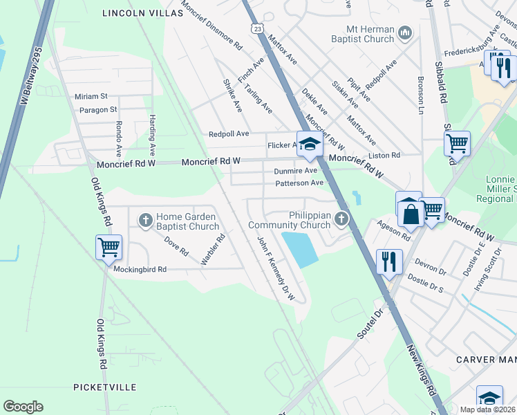 map of restaurants, bars, coffee shops, grocery stores, and more near 7622 John F Kennedy Drive East in Jacksonville