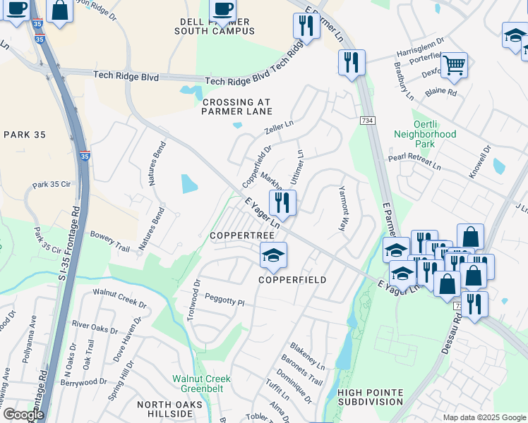 map of restaurants, bars, coffee shops, grocery stores, and more near 1006 1/2 East Yager Lane in Austin