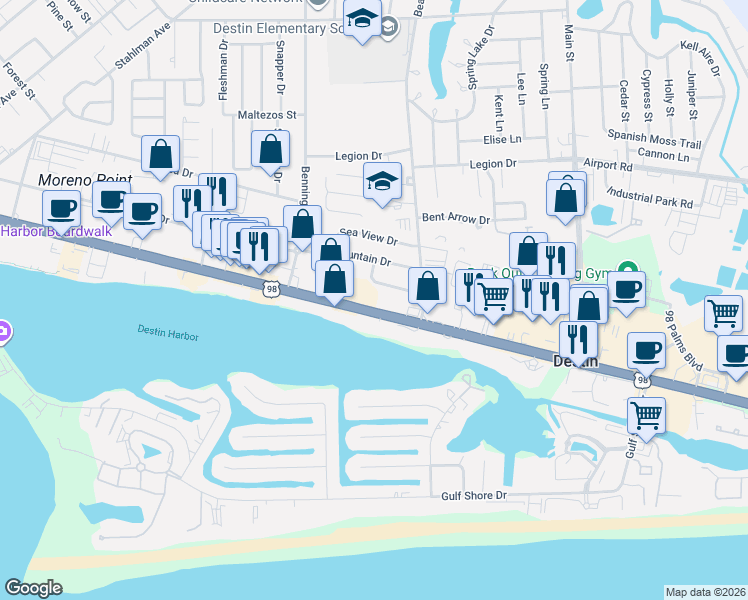 map of restaurants, bars, coffee shops, grocery stores, and more near 635 U.S. 98 in Destin