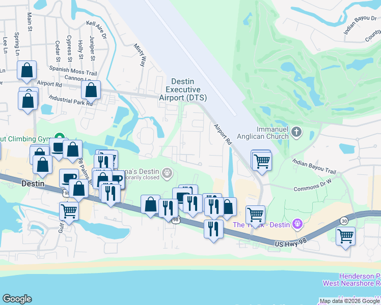 map of restaurants, bars, coffee shops, grocery stores, and more near 221 Mattie M Kelly Boulevard in Destin