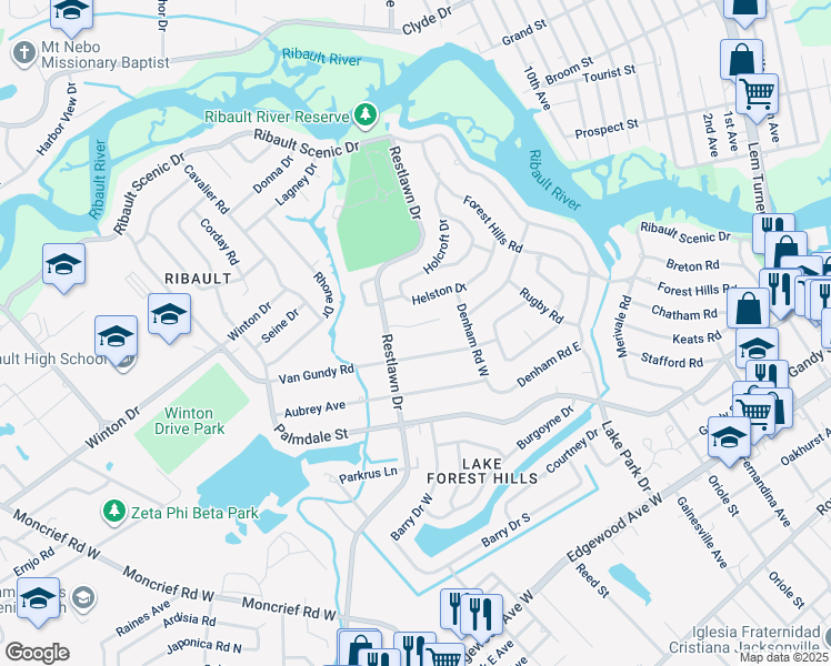 map of restaurants, bars, coffee shops, grocery stores, and more near 2646 Sandra Lane in Jacksonville