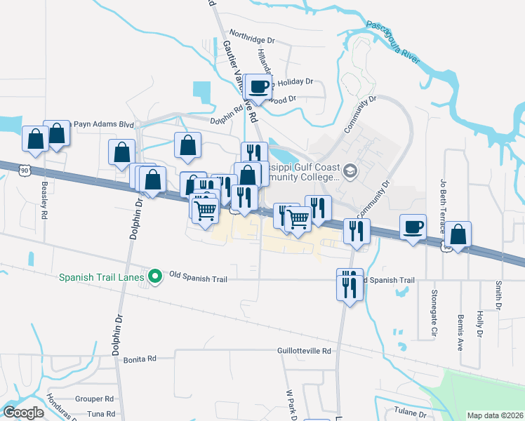 map of restaurants, bars, coffee shops, grocery stores, and more near Gautier Vancleave Road in Gautier