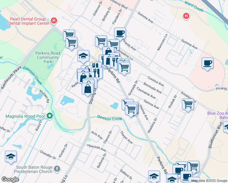 map of restaurants, bars, coffee shops, grocery stores, and more near 7816 Bles Avenue in Baton Rouge