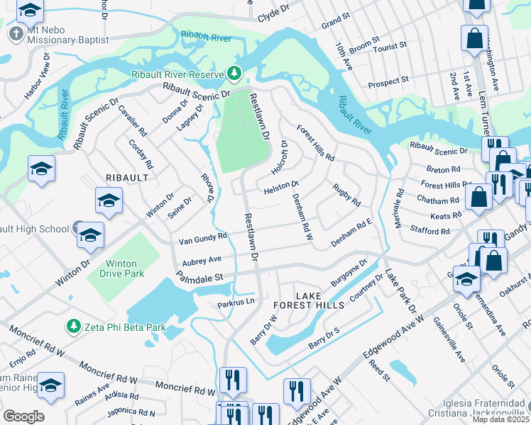 map of restaurants, bars, coffee shops, grocery stores, and more near 2646 Sandra Lane in Jacksonville