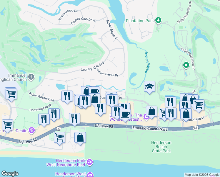 map of restaurants, bars, coffee shops, grocery stores, and more near 4101 Commons Drive West in Destin