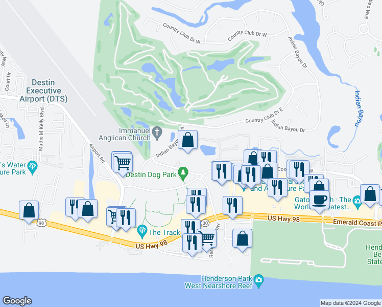 map of restaurants, bars, coffee shops, grocery stores, and more near 4050 Dancing Cloud Court in Destin