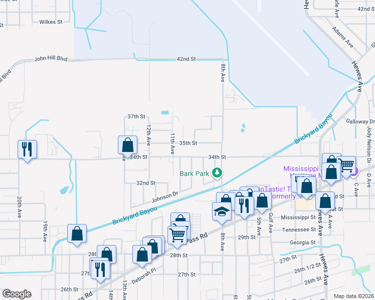 map of restaurants, bars, coffee shops, grocery stores, and more near 3301 Boyd Avenue in Gulfport