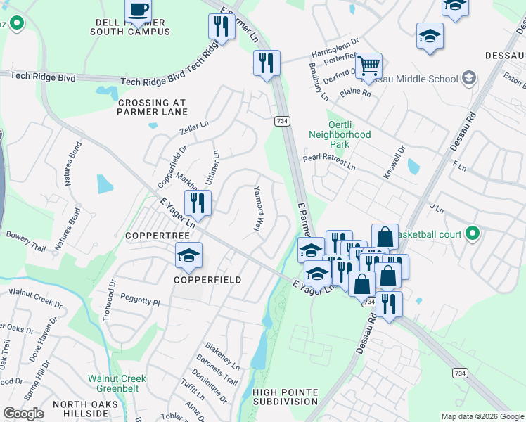 map of restaurants, bars, coffee shops, grocery stores, and more near 12314 Yarmont Way in Austin