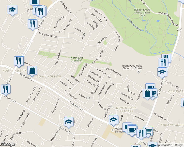map of restaurants, bars, coffee shops, grocery stores, and more near 1424 Gorham Street in Austin