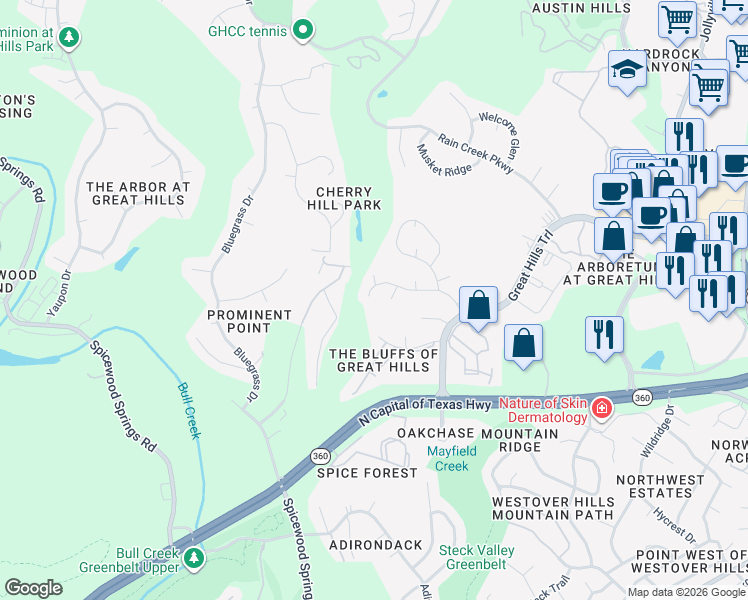 map of restaurants, bars, coffee shops, grocery stores, and more near 9100 Country Canyon Cove in Austin